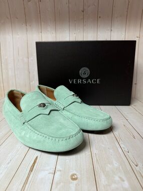 Versace Medusa Coin Penny Suede Driving Loafer Mint Green Sz 44 / 11